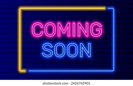 Neon sign coming soon in speech bubble frame on brick wall background vector. Light banner on wall background. Coming soon button waiting for holiday, design template, night neon signboard