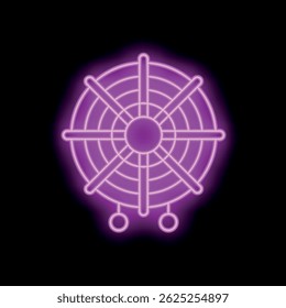 Neon sign of a computer fan, with purple light, on a black background