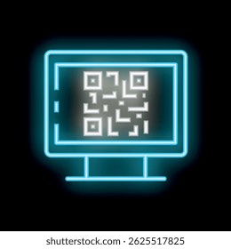 Sinal de néon de uma tela de computador exibindo um código qr para digitalização, ideal para ilustrar conceitos como pagamentos online, marketing digital e tecnologia sem contato