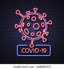 Neon sign COVID-19. Coronavirus Quarantine Warning. Vector illustration