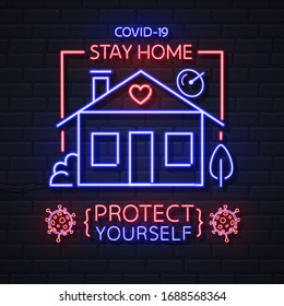 Neon sign COVID-19 protection methods. Coronavirus Quarantine Warning. Vector illustration