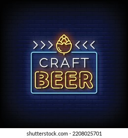 Neon Sign craft beer with Brick Wall Background vector
