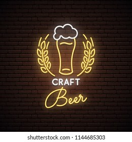 Neon sign of Craft Beer. Neon pub emblem, bright banner. Advertising design. Night light signboard. Vector illustration.