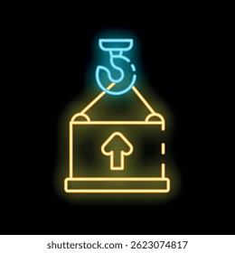 Neon sign of a crane hook lifting a cargo container with an up arrow, concept of logistics and delivery