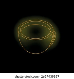 Neon sign of cup full of hot beverage glowing on black wall