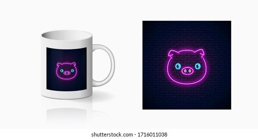 Neon sign of cute pig in kawaii style print for cup design. Cartoon happy smiling piggy design banner in neon style and mug mockup. Vector shiny design element