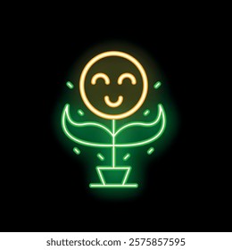 Neon sign of a cute smiling flower with glowing face in a pot, spreading happiness and good vibes