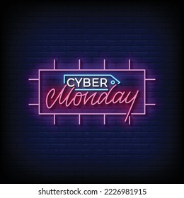 Neon Sign cyber monday with brick wall background vector