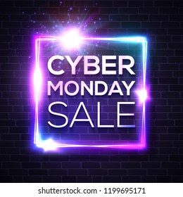 Neon sign with Cyber Monday text for decoration and covering on brick wall background. Advertising banner or flyer design template. Sale and discount concept. Realistic vector illustration.