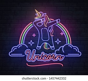 Neon sign dabbing unicorn with rainbow. Vintage electric signboard.