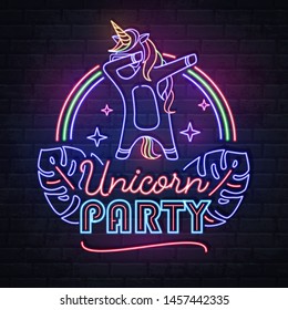 Neon sign dabbing unicorn with rainbow. Vintage electric signboard. svg