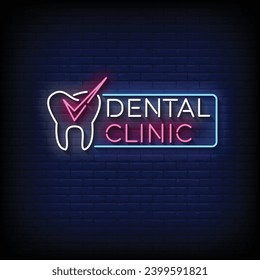 Neon Sign dental clinic with brick wall background vector