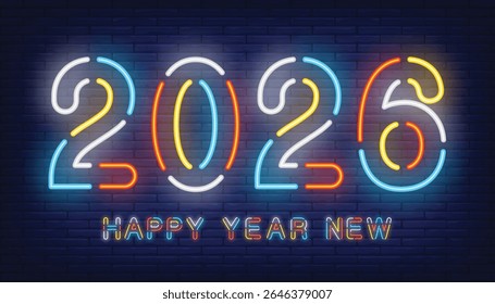 Sinal de néon retratando 2026 Feliz Ano Novo contra uma parede de tijolos escuros com efeitos de luz multicor brilhante nos números