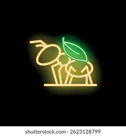 Neon sign depicting an ant carrying a leaf, glowing on a black background