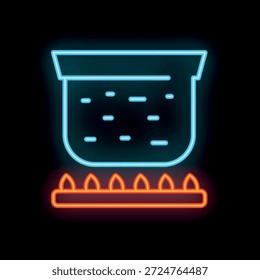Cartel de neón que representa un vaso de precipitados calentándose en un quemador de bunsen, perfecto para representar un experimento químico