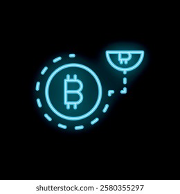 Neon sign depicting a bitcoin cryptocurrency being lifted out of a circle by a hook