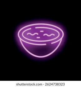 Neon sign depicting a bowl filled with a liquid, glowing in vibrant pink light against a dark background