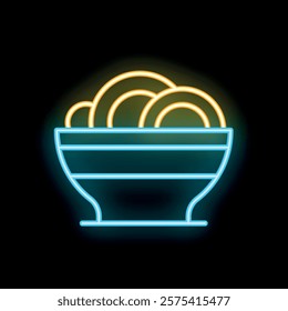 Neon sign depicting a bowl full of steaming noodles, glowing on a black background