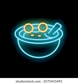 Neon sign depicting a bowl of soup with croutons and a spoon, glowing on a dark background