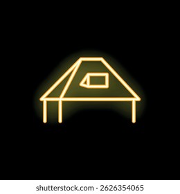 Neon sign depicting a camping tent, glowing yellow against a dark background