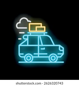 Neon sign depicting a car transporting luggage on its roof rack, symbolizing travel and adventure