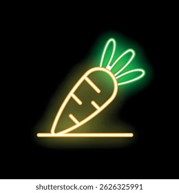 Neon sign depicting a carrot with leaves, glowing in yellow and green against a black background