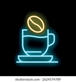 Neon sign depicting a coffee cup with a coffee bean above it, symbolizing a fresh brewed drink