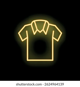 Neon sign depicting a collared t shirt glowing yellow against a black background