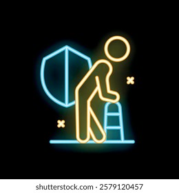 Neon sign depicting the concept of senior citizen protection with a walker and a shield, ideal for healthcare and retirement topics
