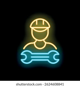 Neon sign depicting a construction worker holding a wrench, symbolizing labor and industry