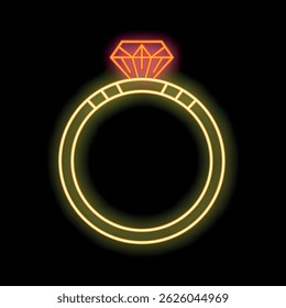 Neon sign depicting a diamond ring glowing brightly on a black background