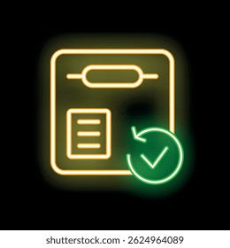 Sinal de néon representando um documento sendo validado por uma marca de seleção verde, ideal para transmitir conceitos como aprovação, verificação ou conclusão bem-sucedida