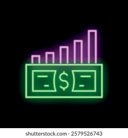 Neon sign depicting a dollar bill increasing in value with a growing bar graph
