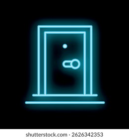 Neon sign depicting a doorway with a peephole and a doorknob, glowing on a black background