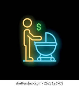 Neon teken beeltenis van een vader duwen een baby kinderwagen met een dollar teken boven, symboliseert het financiële aspect van het opvoeden van kinderen