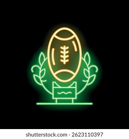 Neon sign depicting a golden american football on a podium surrounded by a laurel wreath, on a black background