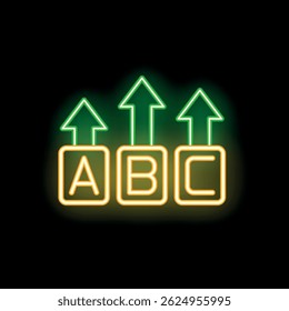 Sinal de néon representando setas verdes para cima sobre blocos abc representando o conceito de educação e crescimento