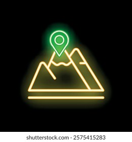 Neon sign depicting a green location pin above a yellow mountain range, representing reaching a goal or finding a place