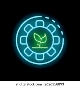Neon sign depicting a green sprout growing inside a gear, symbolizing smart farming technologies and innovation in agriculture