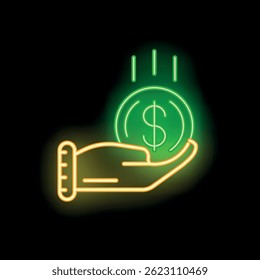 Sinal de néon representando uma mão pegando uma moeda de dólar com luzes verdes e amarelas brilhantes