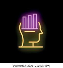 Neon sign depicting a human head silhouette with a rising bar graph inside, symbolizing business growth and success