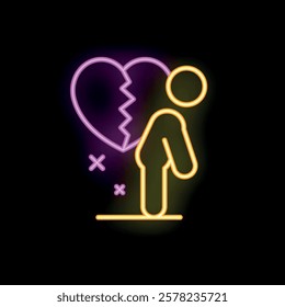 Neon sign depicting a man standing near a broken heart, representing heartbreak and loneliness