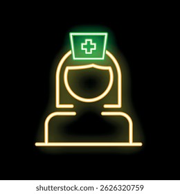 Neon sign depicting a nurse wearing a traditional hat with a medical cross, glowing brightly against a dark background