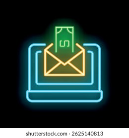 Neon sign depicting online payment concept with envelope and banknote coming from laptop screen