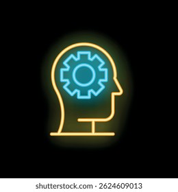 Neon sign depicting the outline of a human head with a gear inside, representing the concept of thinking