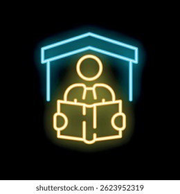 Neon sign depicting a person comfortably reading a book under a roof, symbolizing staying home
