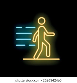 Neon sign depicting a person walking fast, leaving motion lines behind them, symbolizing speed, progress, and movement