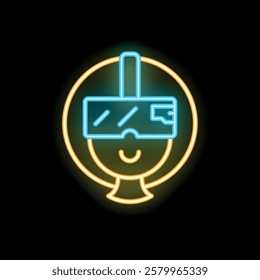 Neon sign depicting a person wearing a vr headset and smiling, potentially indicating enjoyment of a game or experience
