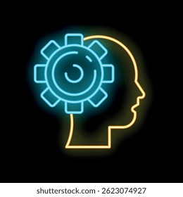 Neon sign depicting the profile of a human head with a gear partially inside, symbolizing thought, idea or solution