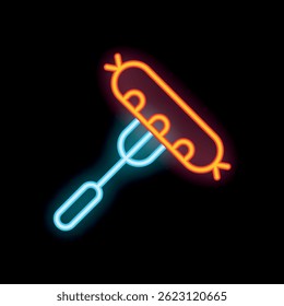 Neon sign depicting a sausage on a fork, shining brightly against a dark background
